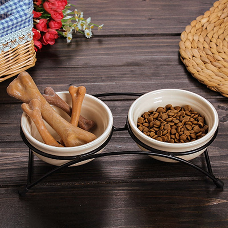 Elevated Ceramic Pet Bowl Set with Iron Stand | Food & Water Feeder for Cats & Small Dogs