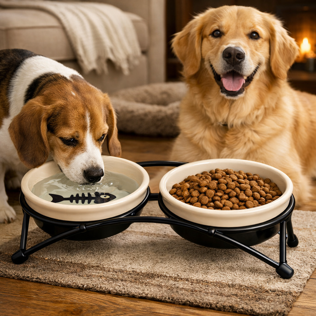 Elevated Ceramic Pet Bowl Set with Iron Stand | Food & Water Feeder for Cats & Small Dogs